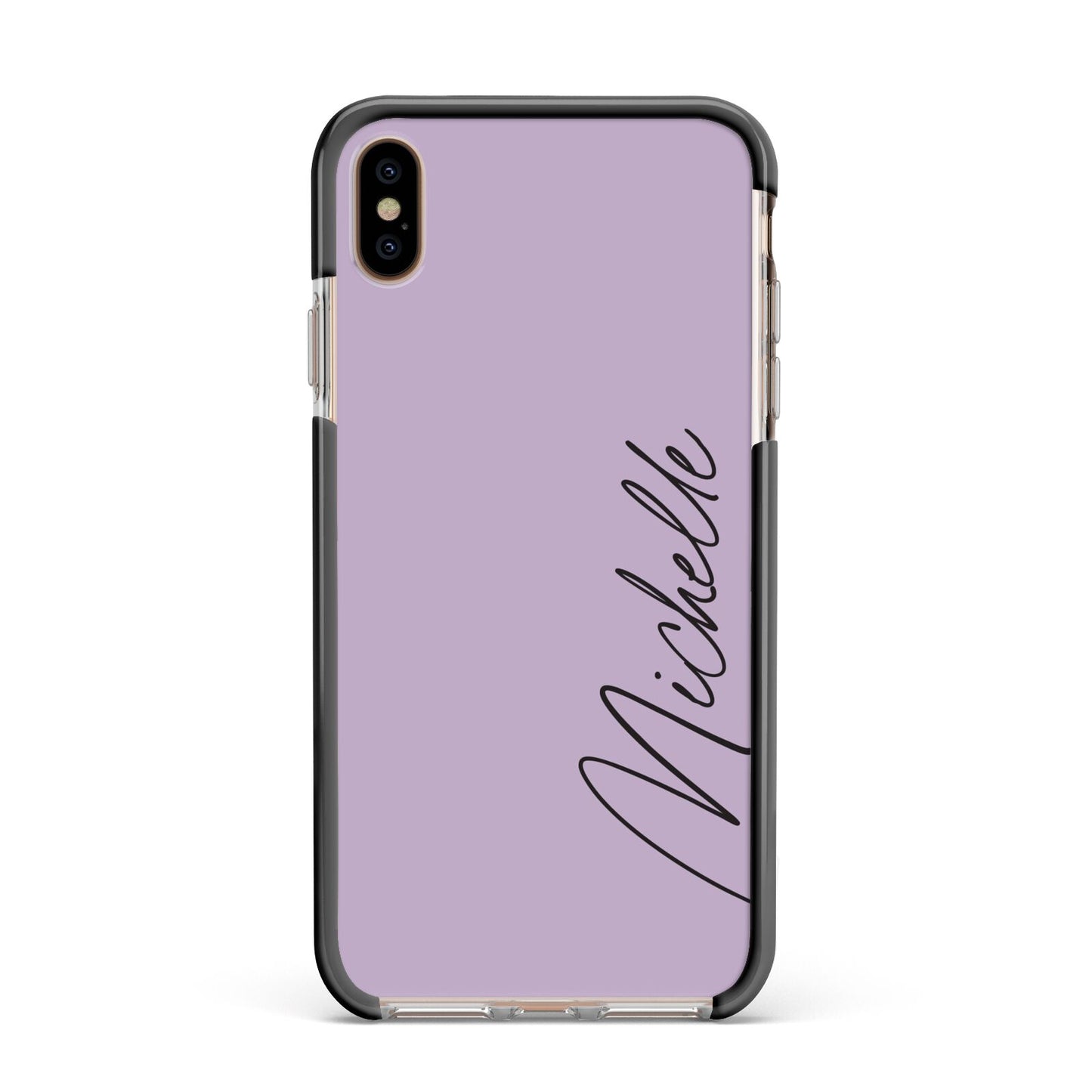 Personalised Lavender Script Name Design Apple iPhone Xs Max Impact Case Black Edge on Gold Phone