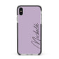 Personalised Lavender Script Name Design Apple iPhone Xs Max Impact Case Black Edge on Silver Phone