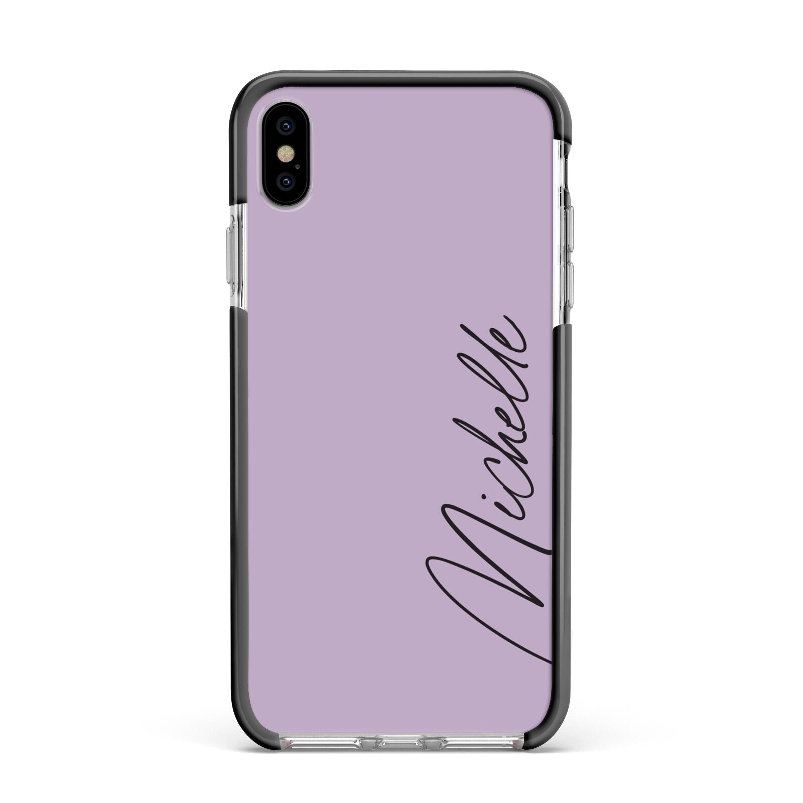 Personalised Lavender Script Name Design Apple iPhone Xs Max Impact Case Black Edge on Silver Phone