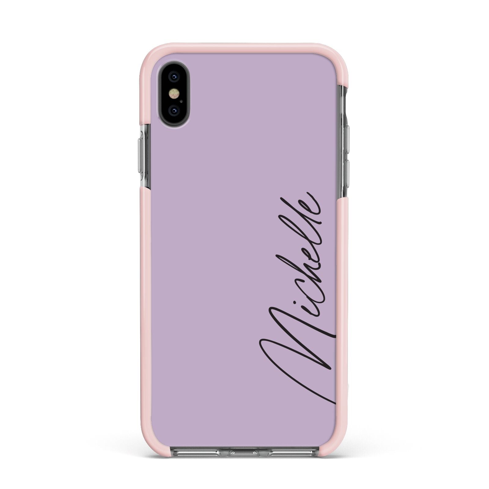 Personalised Lavender Script Name Design Apple iPhone Xs Max Impact Case Pink Edge on Black Phone