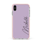 Personalised Lavender Script Name Design Apple iPhone Xs Max Impact Case Pink Edge on Silver Phone