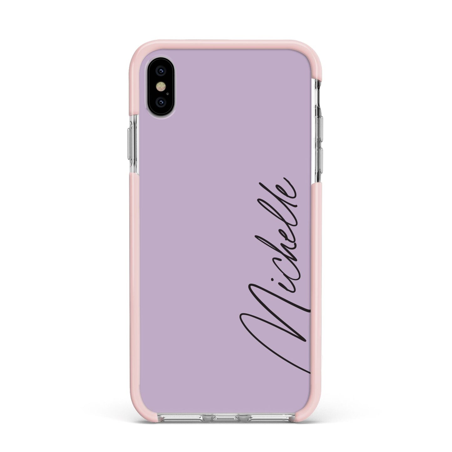 Personalised Lavender Script Name Design Apple iPhone Xs Max Impact Case Pink Edge on Silver Phone