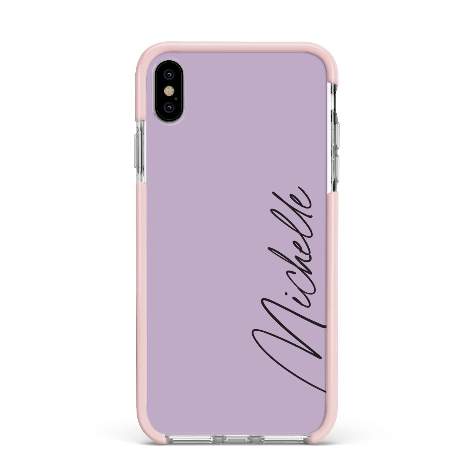 Personalised Lavender Script Name Design Apple iPhone Xs Max Impact Case Pink Edge on Silver Phone