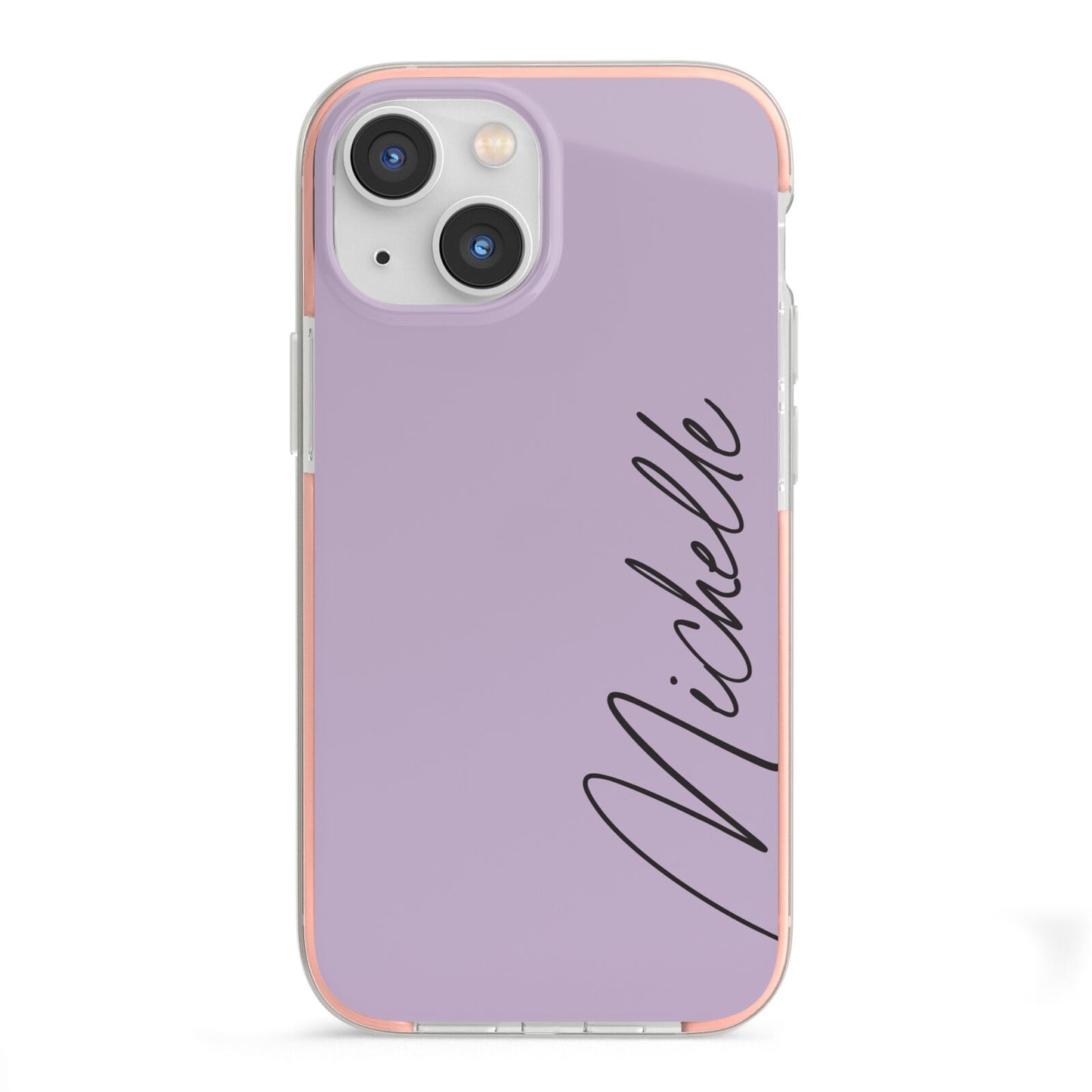 Personalised Lavender Script Name Design iPhone 13 Mini TPU Impact Case with Pink Edges