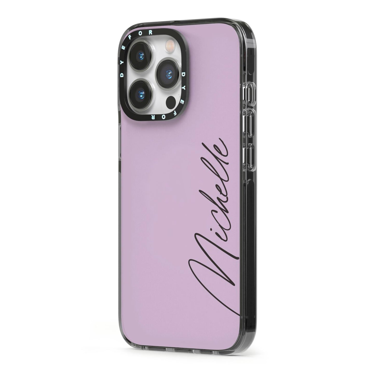 Personalised Lavender Script Name Design iPhone 13 Pro Black Impact Case Side Angle on Silver phone