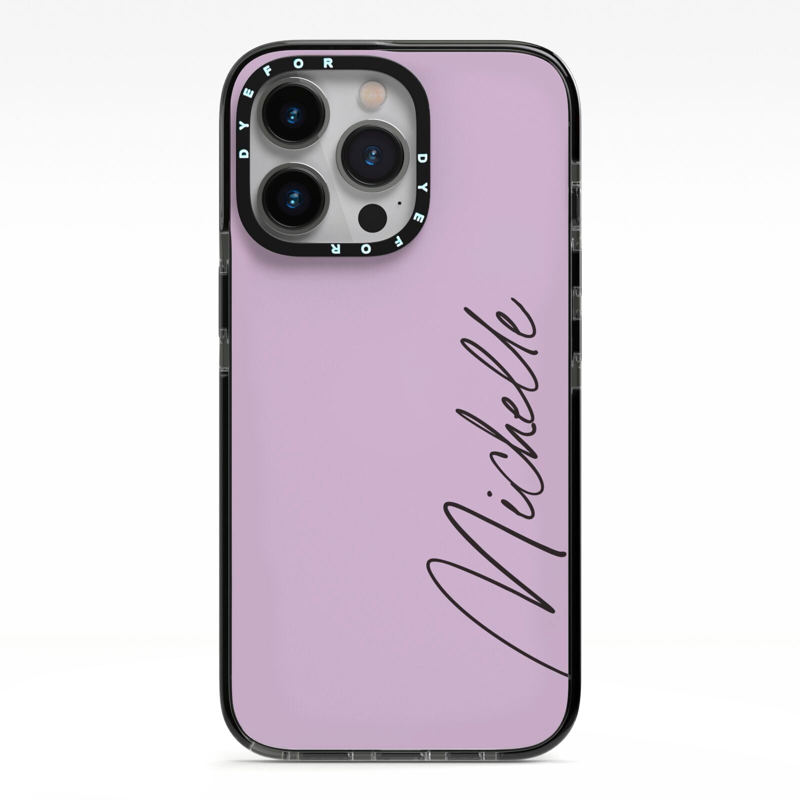 Personalised Lavender Script Name Design iPhone 13 Pro Black Impact Case on Silver phone