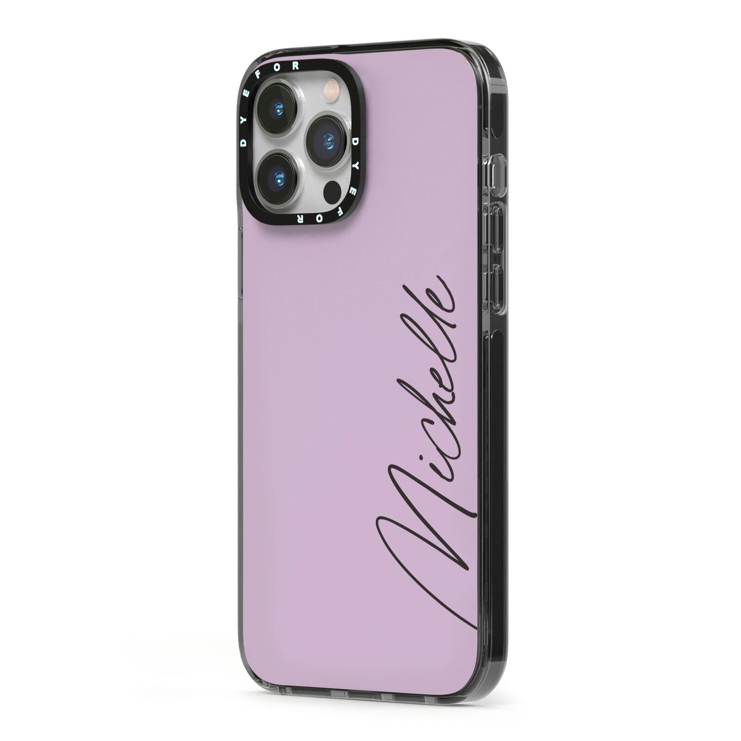 Personalised Lavender Script Name Design iPhone 13 Pro Max Black Impact Case Side Angle on Silver phone