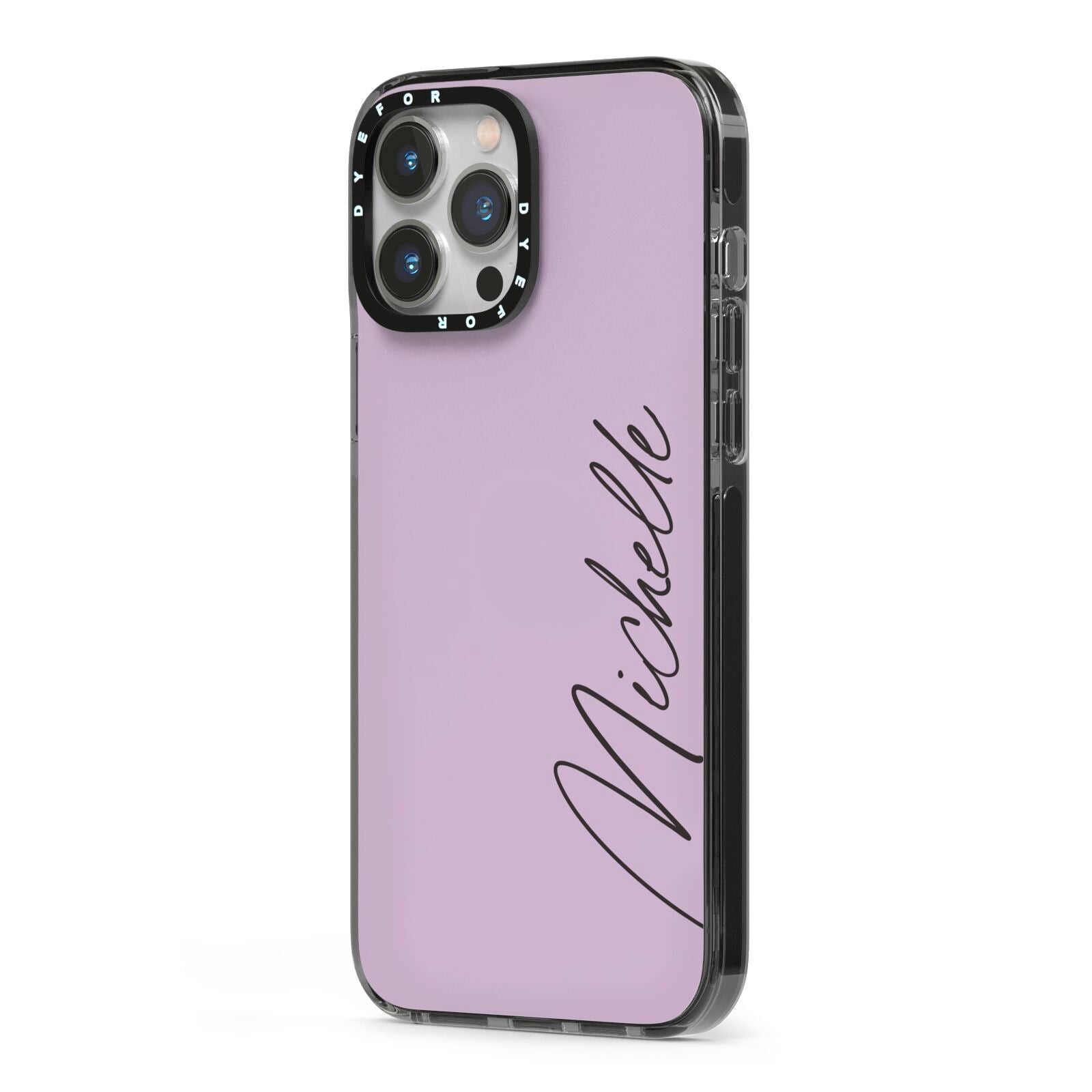 Personalised Lavender Script Name Design iPhone 13 Pro Max Black Impact Case Side Angle on Silver phone