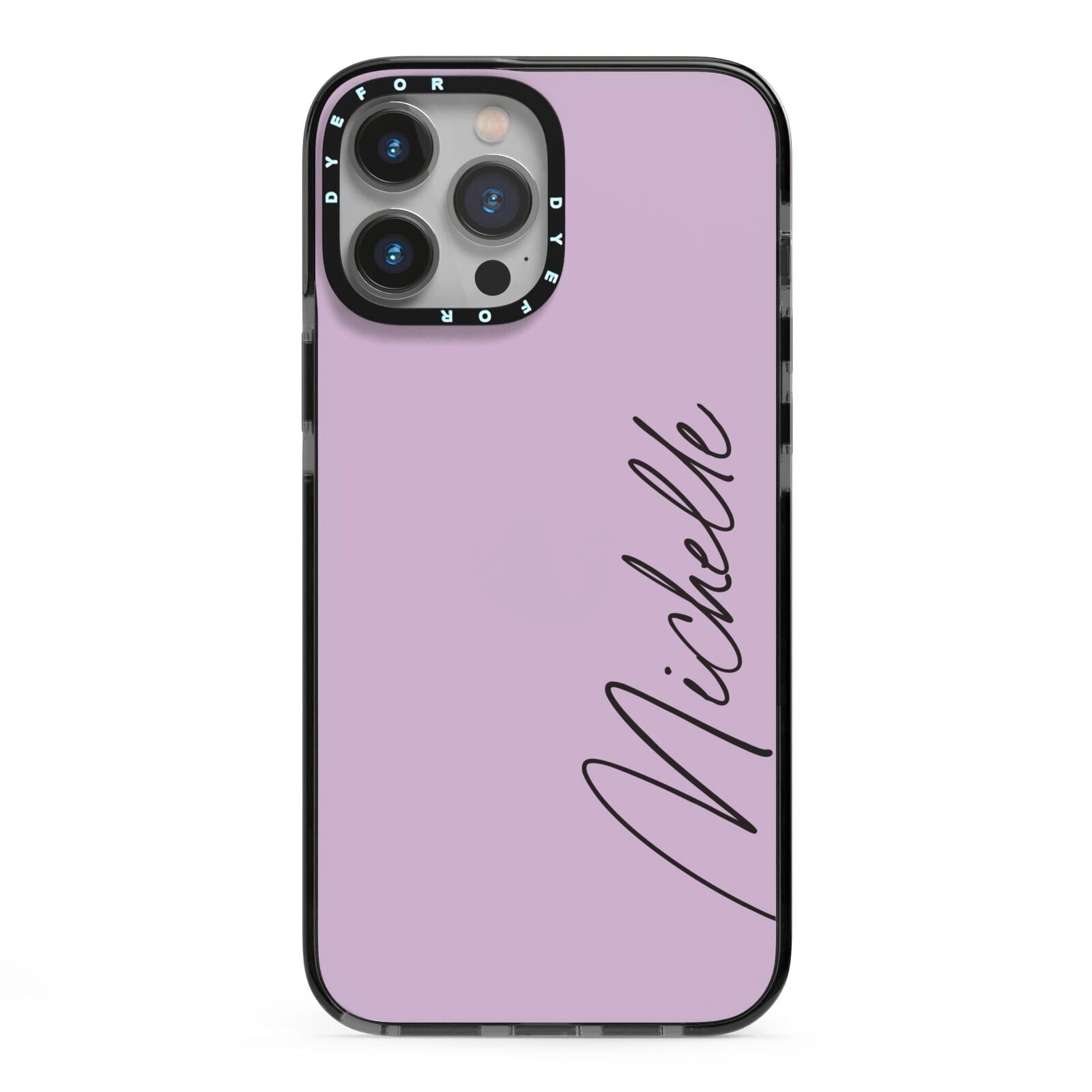 Personalised Lavender Script Name Design iPhone 13 Pro Max Black Impact Case on Silver phone