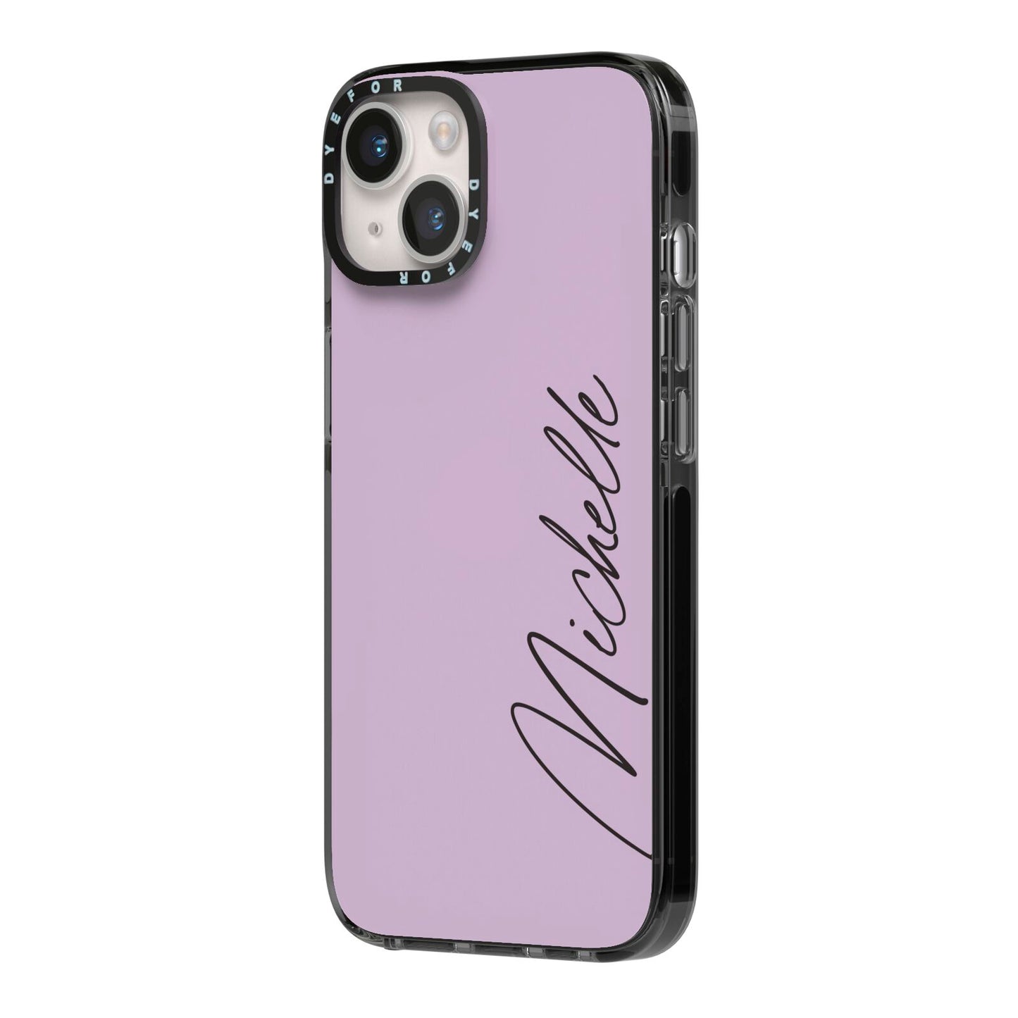 Personalised Lavender Script Name Design iPhone 14 Black Impact Case Side Angle on Silver phone