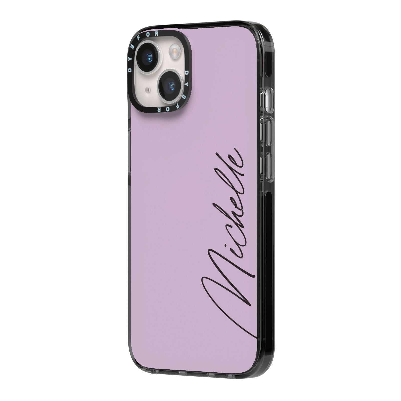 Personalised Lavender Script Name Design iPhone 14 Black Impact Case Side Angle on Silver phone
