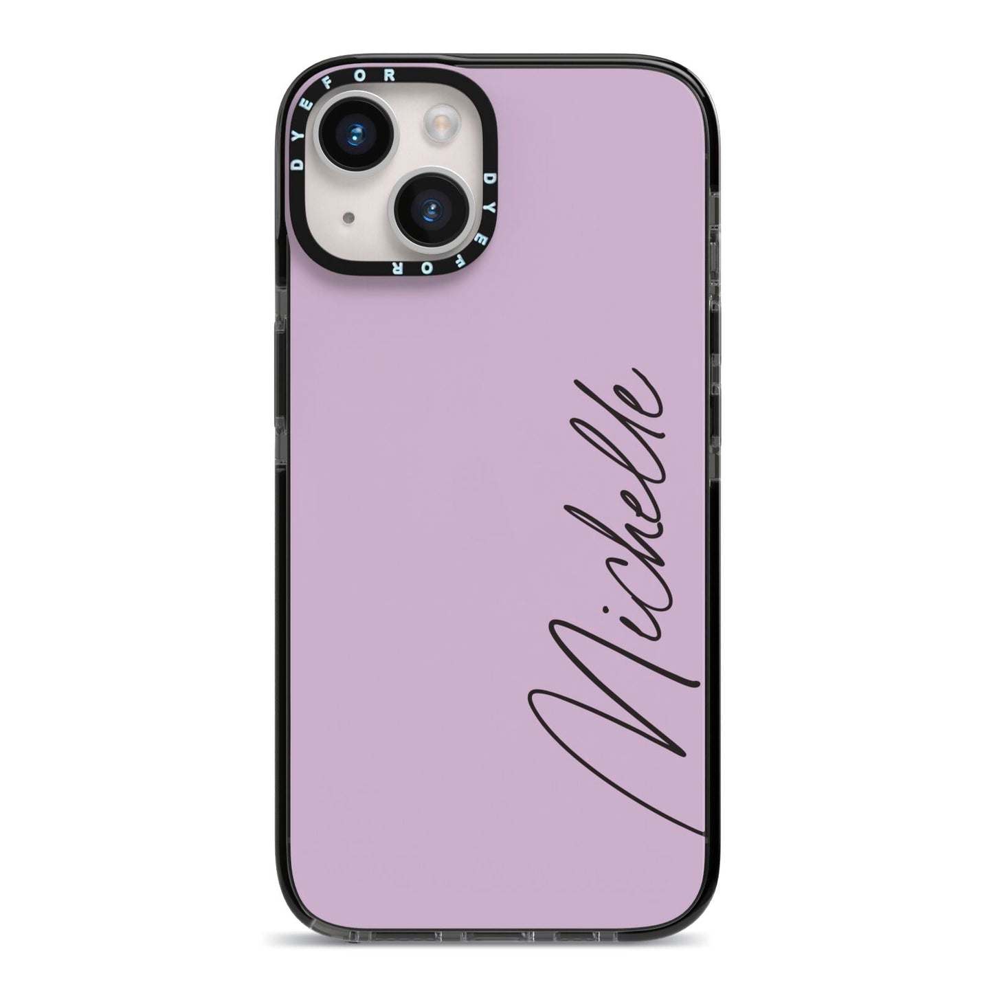 Personalised Lavender Script Name Design iPhone 14 Black Impact Case on Silver phone