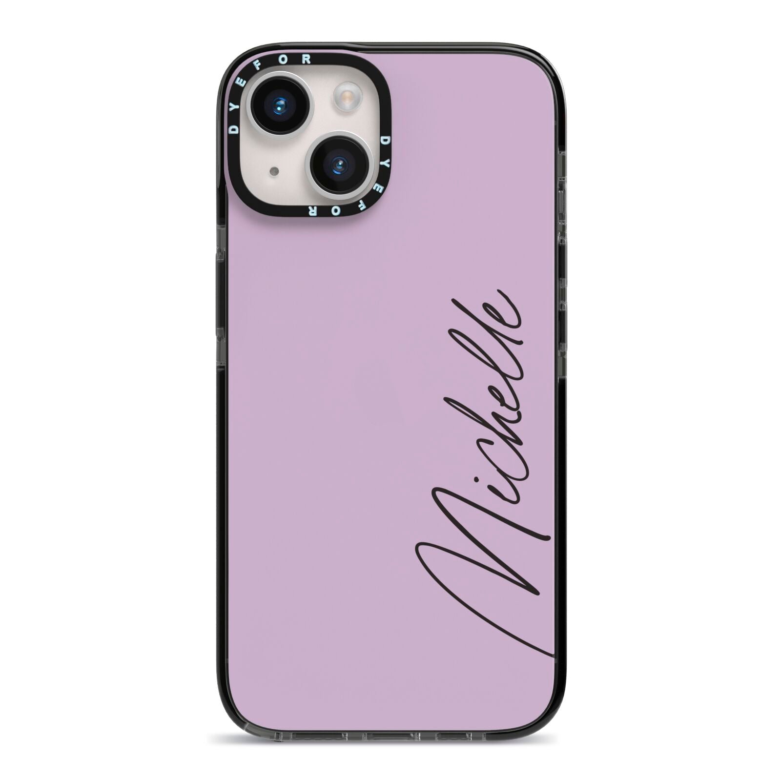 Personalised Lavender Script Name Design iPhone 14 Black Impact Case on Silver phone