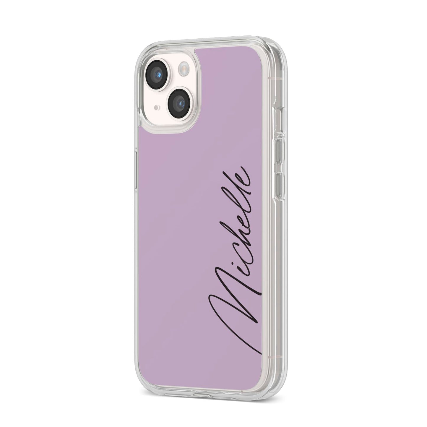 Personalised Lavender Script Name Design iPhone 14 Clear Tough Case Starlight Angled Image