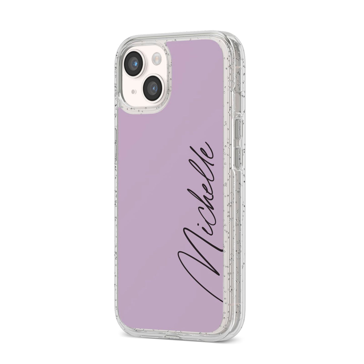Personalised Lavender Script Name Design iPhone 14 Glitter Tough Case Starlight Angled Image
