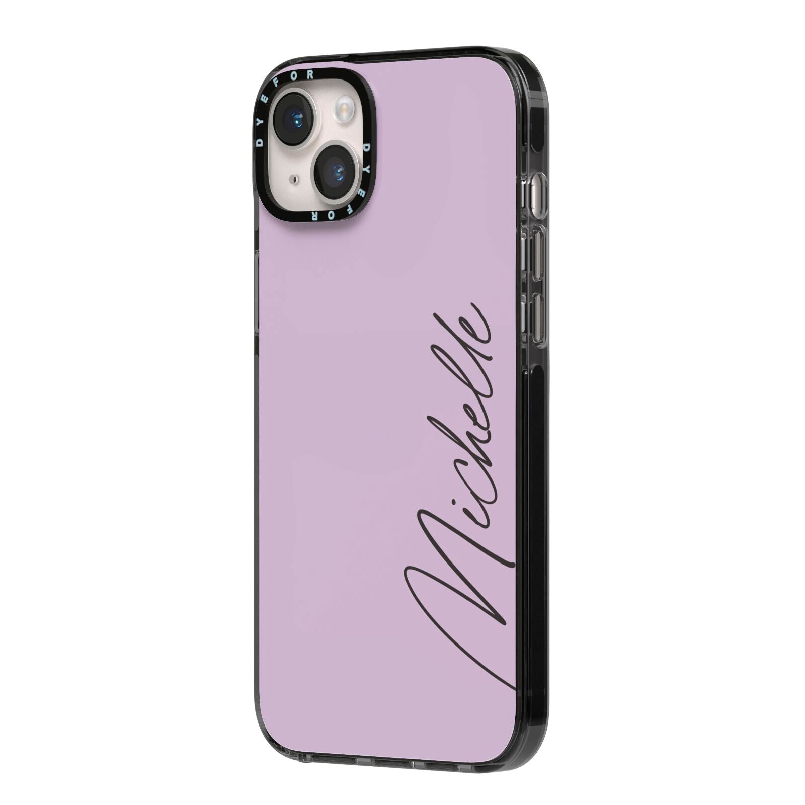 Personalised Lavender Script Name Design iPhone 14 Plus Black Impact Case Side Angle on Silver phone