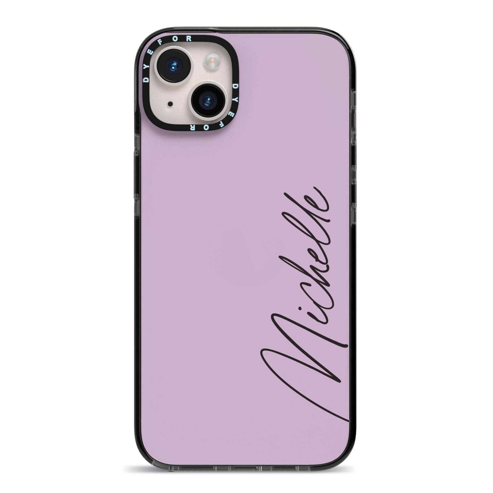 Personalised Lavender Script Name Design iPhone 14 Plus Black Impact Case on Silver phone