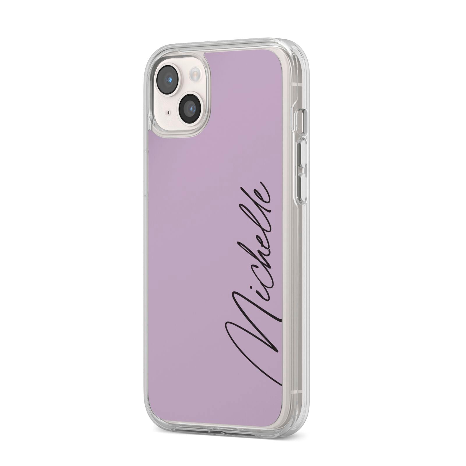 Personalised Lavender Script Name Design iPhone 14 Plus Clear Tough Case Starlight Angled Image