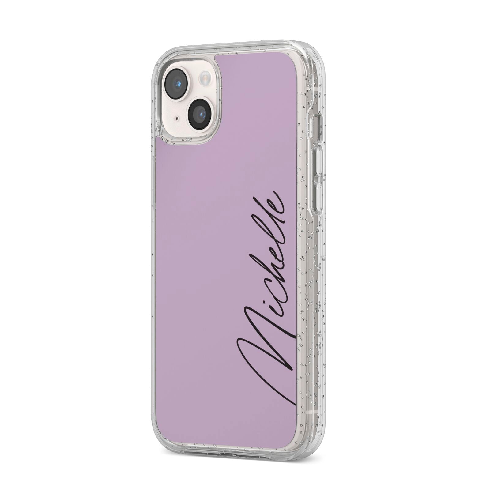 Personalised Lavender Script Name Design iPhone 14 Plus Glitter Tough Case Starlight Angled Image
