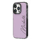 Personalised Lavender Script Name Design iPhone 14 Pro Black Impact Case Side Angle on Silver phone