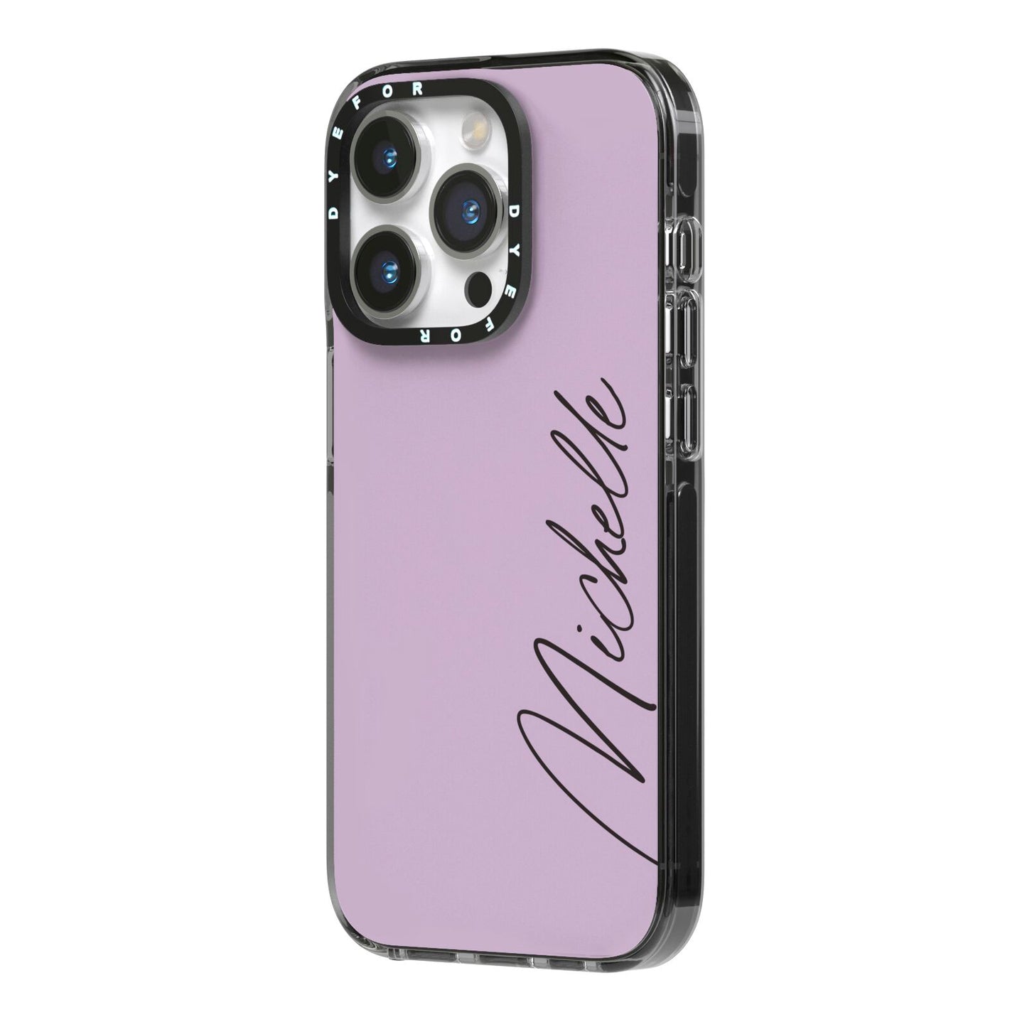 Personalised Lavender Script Name Design iPhone 14 Pro Black Impact Case Side Angle on Silver phone