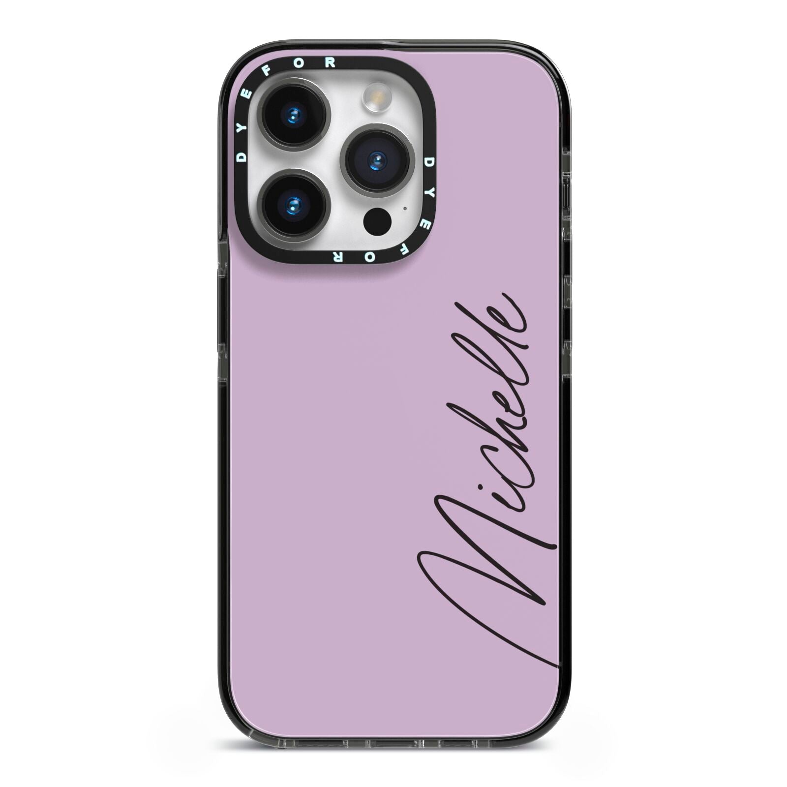 Personalised Lavender Script Name Design iPhone 14 Pro Black Impact Case on Silver phone