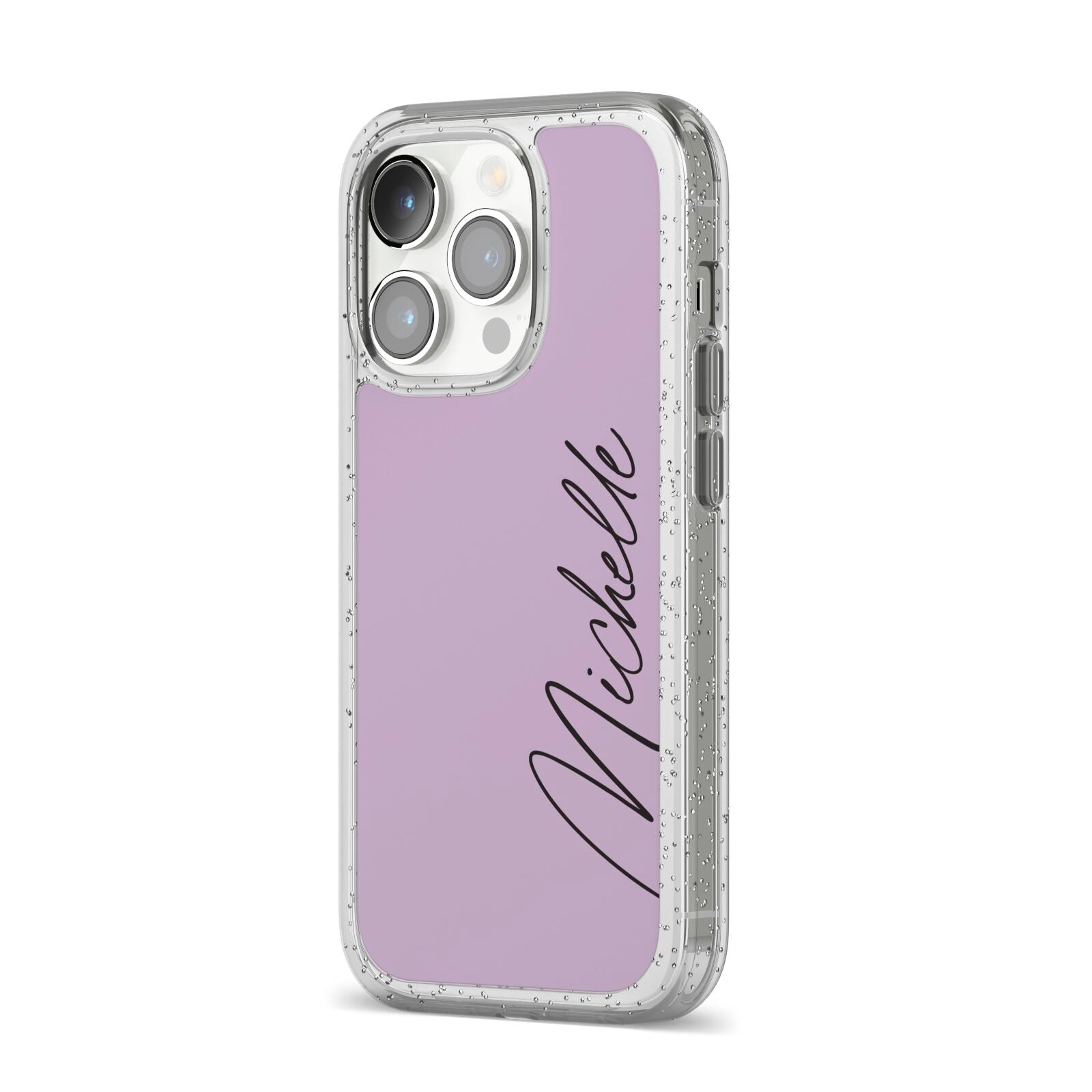 Personalised Lavender Script Name Design iPhone 14 Pro Glitter Tough Case Silver Angled Image