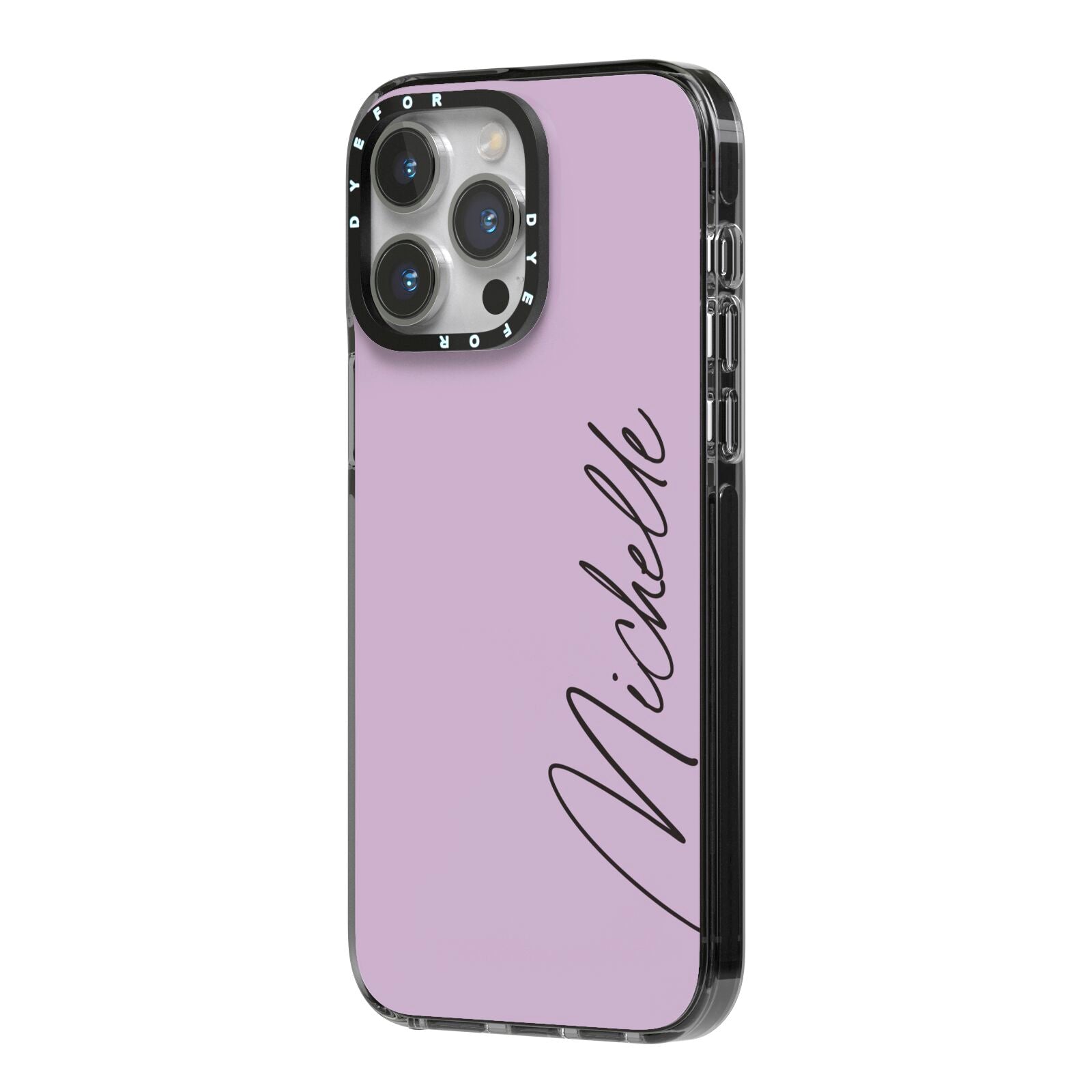 Personalised Lavender Script Name Design iPhone 14 Pro Max Black Impact Case Side Angle on Silver phone