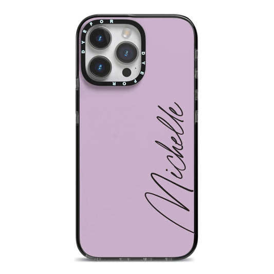 Personalised Lavender Script Name Design iPhone 14 Pro Max Black Impact Case on Silver phone