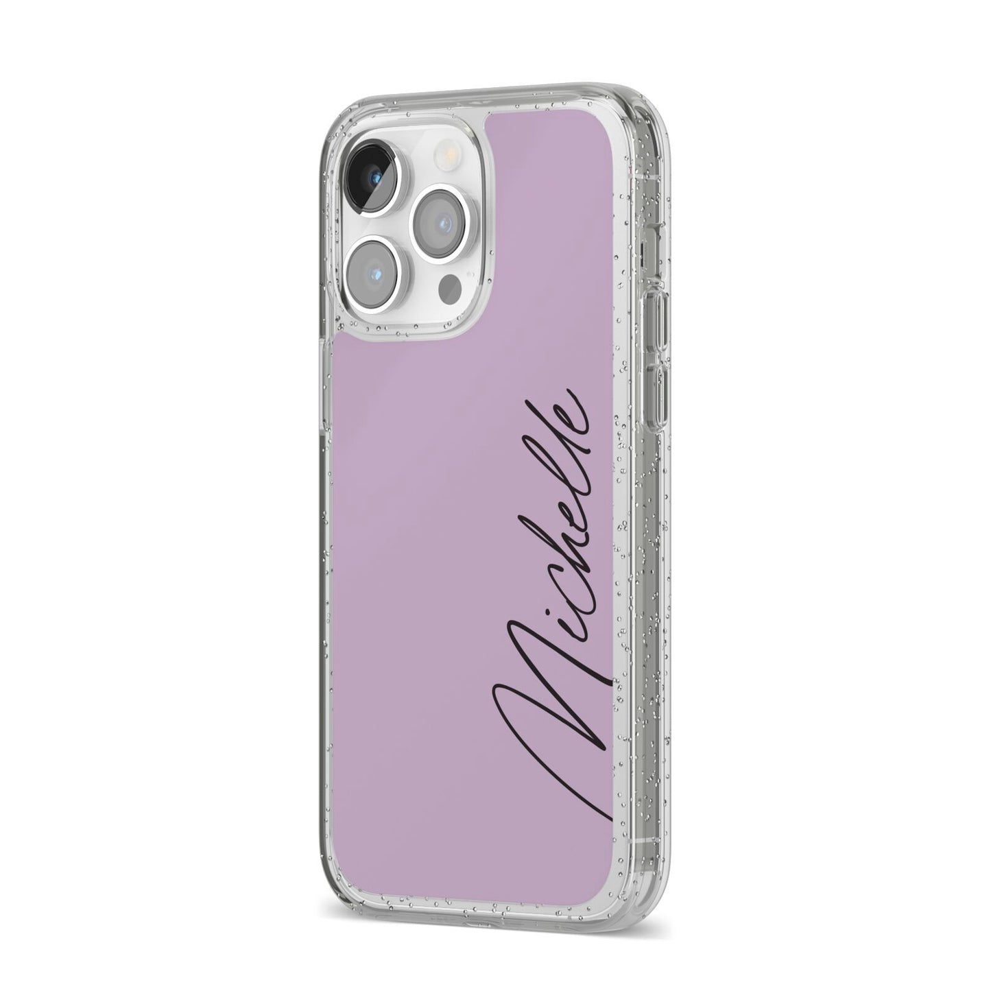 Personalised Lavender Script Name Design iPhone 14 Pro Max Glitter Tough Case Silver Angled Image