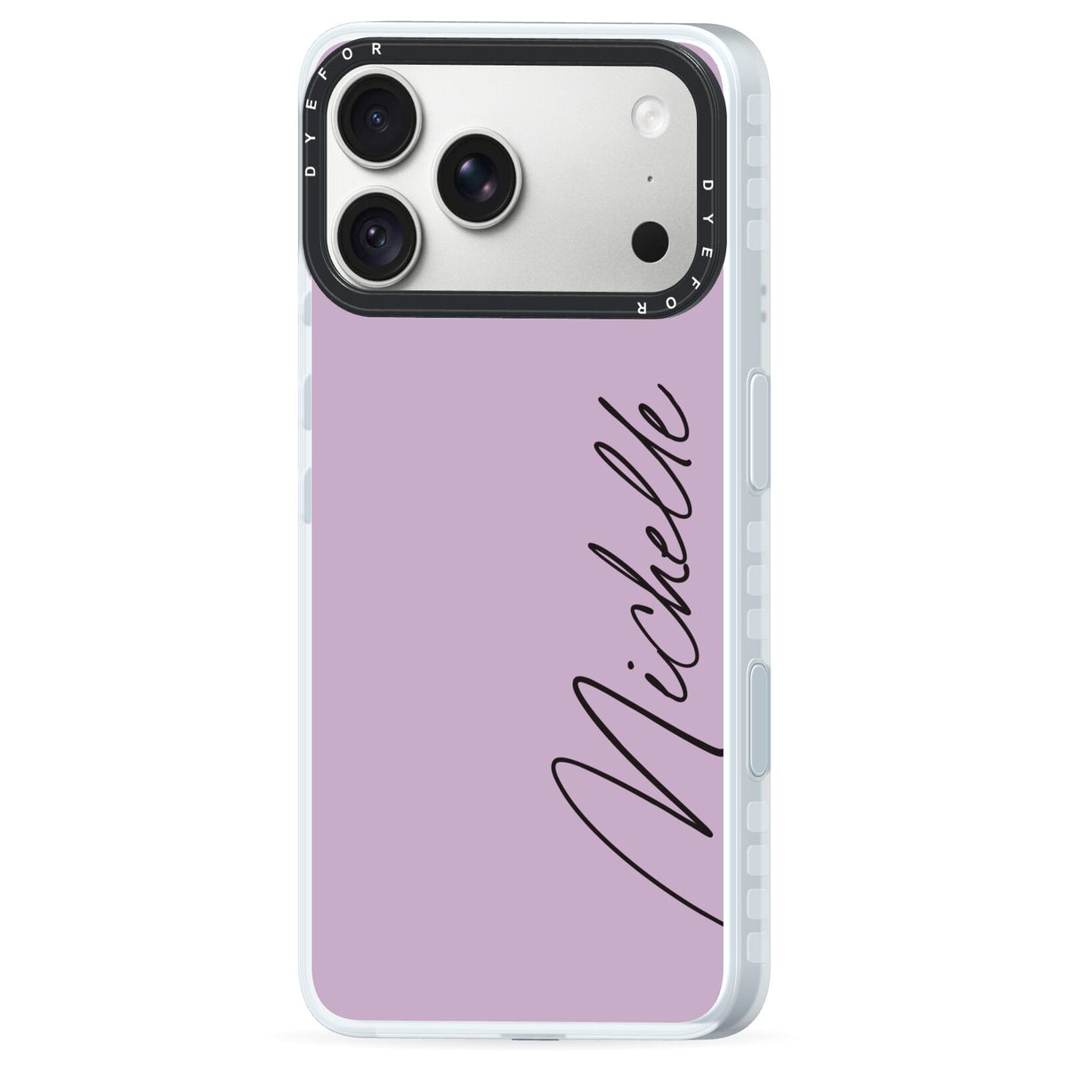 Personalised Lavender Script Name Design iPhone 18 Pro Black Impact Pre order Case Side Angle on Silver phone