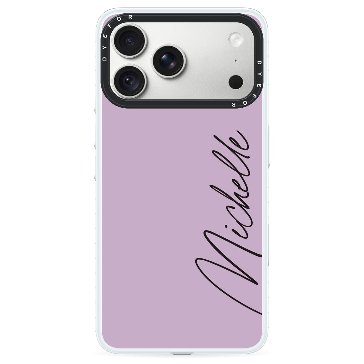 Personalised Lavender Script Name Design iPhone 18 Pro Black Impact Pre order Case on Silver phone