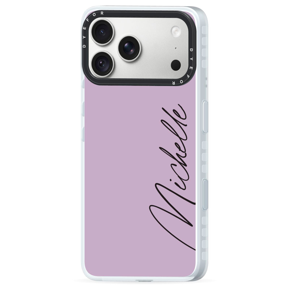 Personalised Lavender Script Name Design iPhone 18 Pro Max Black Impact Pre order Case Side Angle on Silver phone