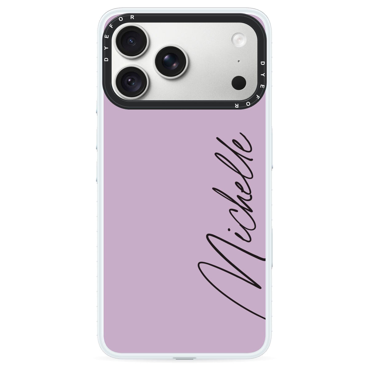 Personalised Lavender Script Name Design iPhone 18 Pro Max Black Impact Pre order Case on Silver phone