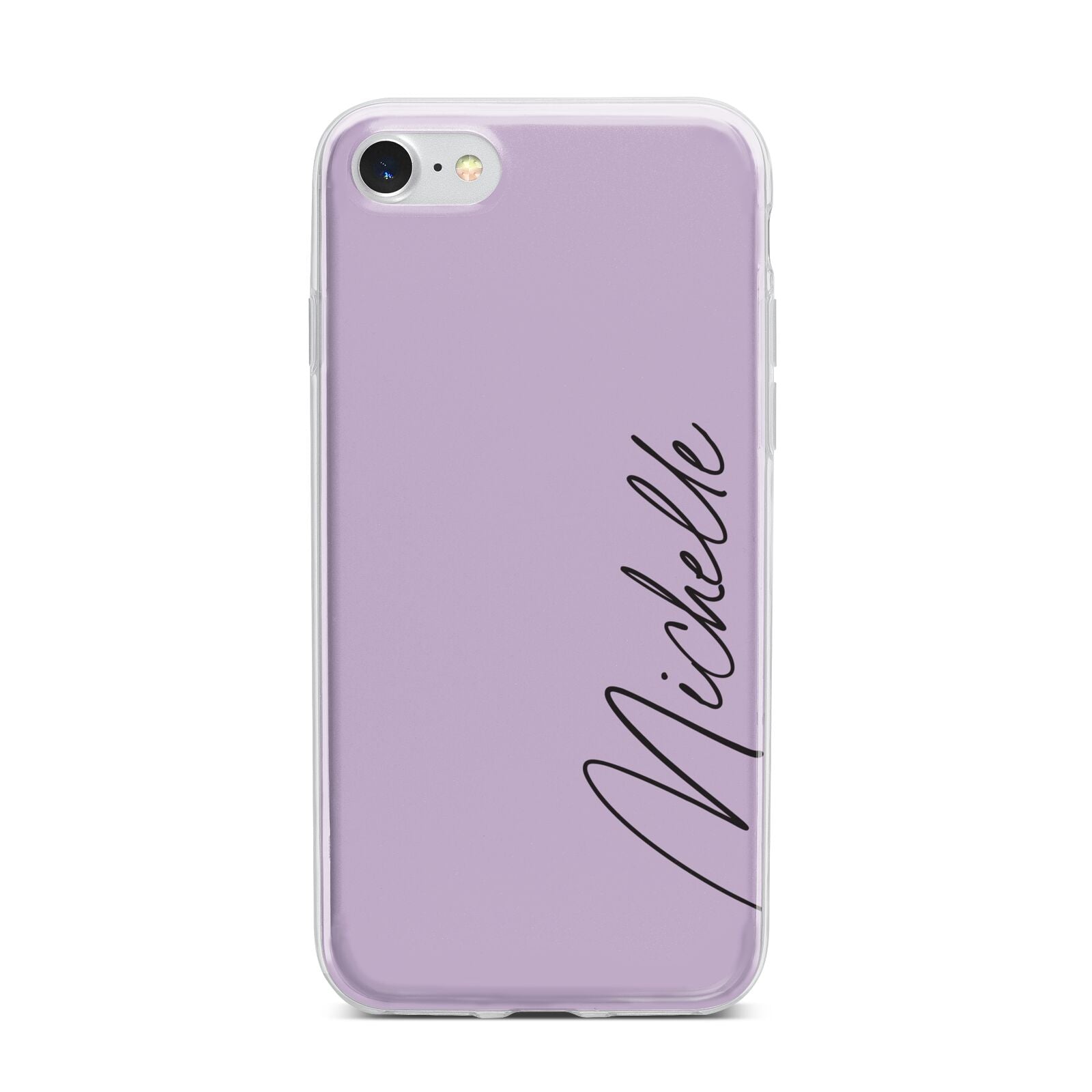 Personalised Lavender Script Name Design iPhone 7 Bumper Case on Silver iPhone