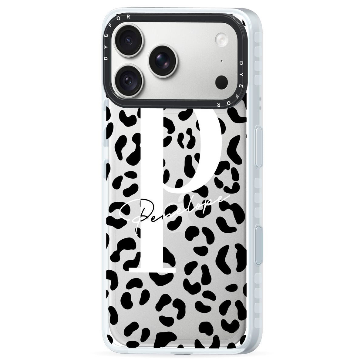 Personalised Leopard Print Clear Black iPhone 18 Pro Black Impact Pre order Case Side Angle on Silver phone