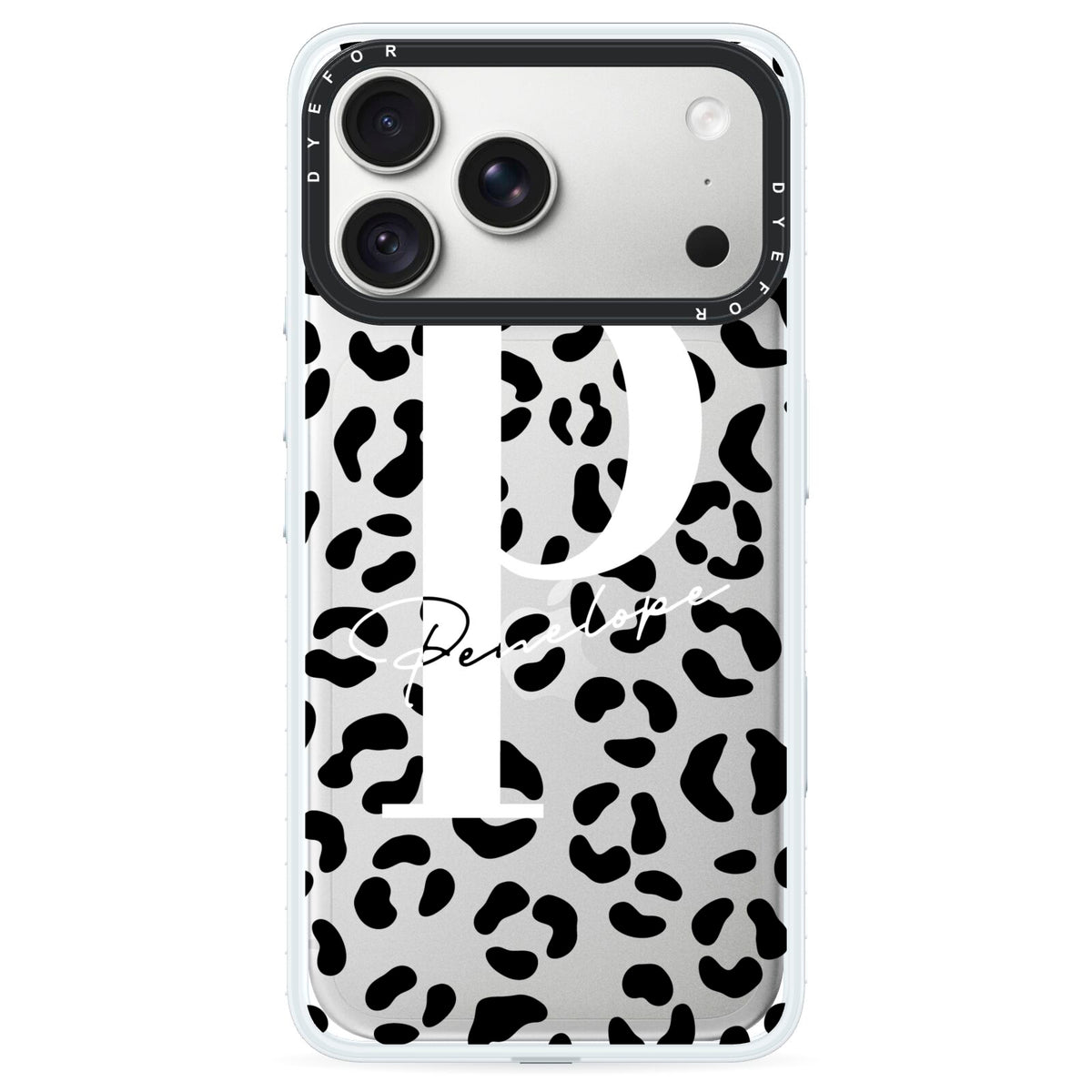 Personalised Leopard Print Clear Black iPhone 18 Pro Black Impact Pre order Case on Silver phone