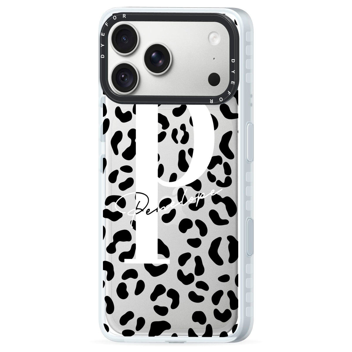 Personalised Leopard Print Clear Black iPhone 18 Pro Max Black Impact Pre order Case Side Angle on Silver phone