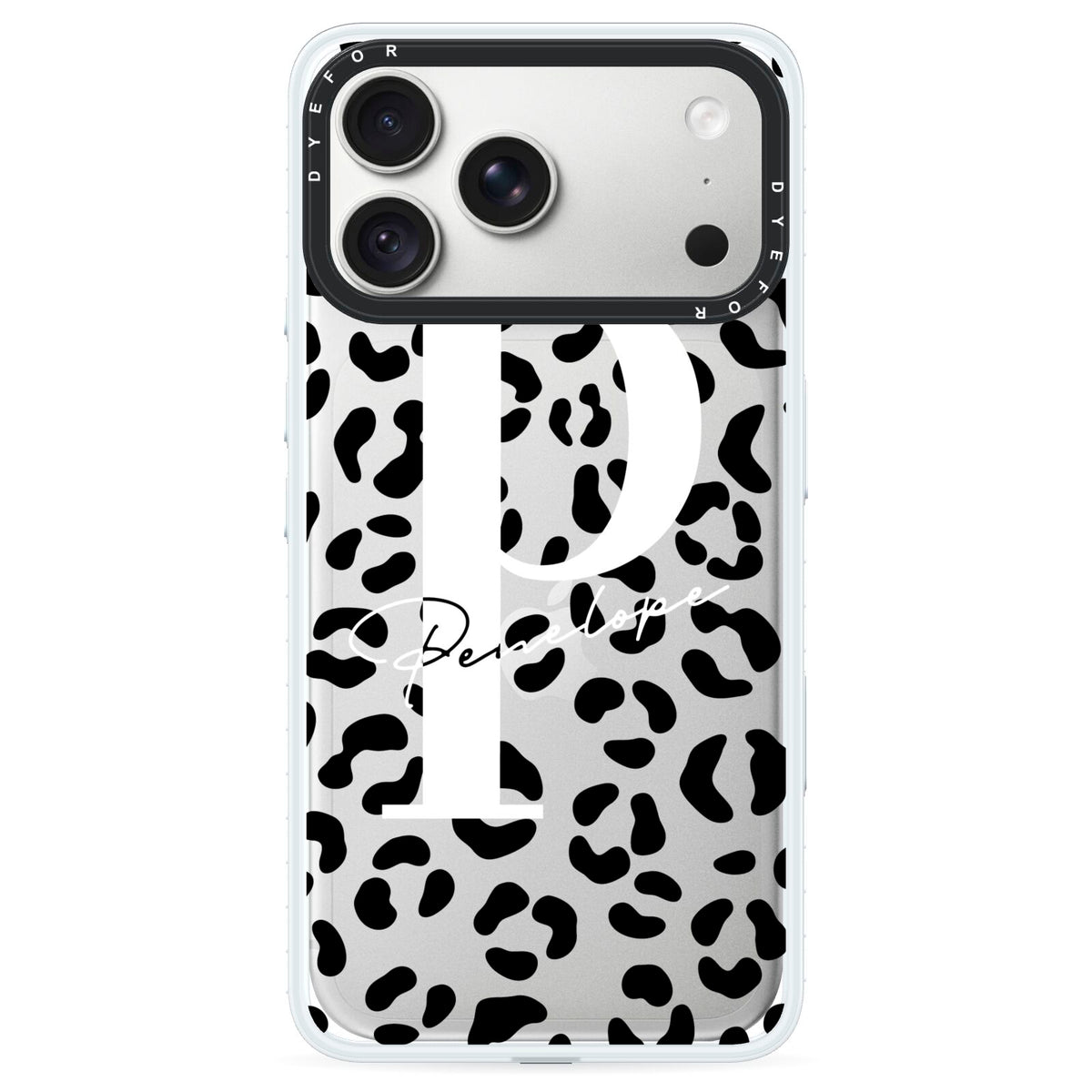 Personalised Leopard Print Clear Black iPhone 18 Pro Max Black Impact Pre order Case on Silver phone