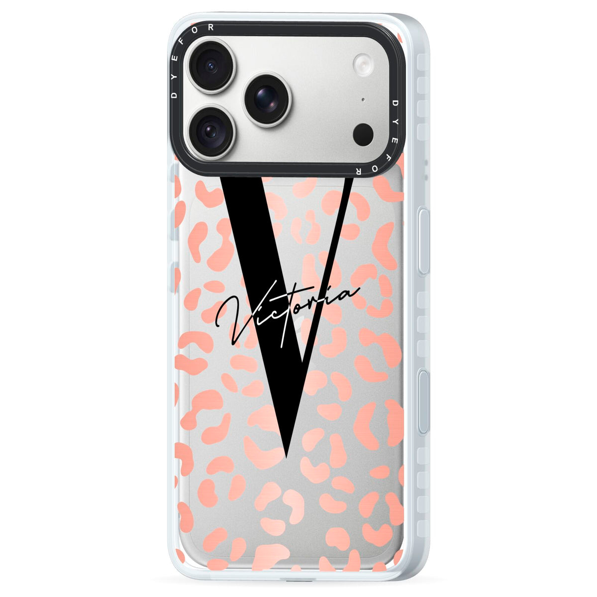 Personalised Leopard Print Clear Copper iPhone 18 Pro Max Black Impact Pre order Case Side Angle on Silver phone