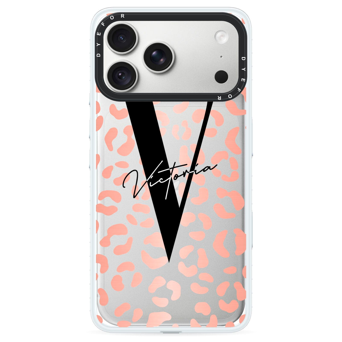 Personalised Leopard Print Clear Copper iPhone 18 Pro Max Black Impact Pre order Case on Silver phone