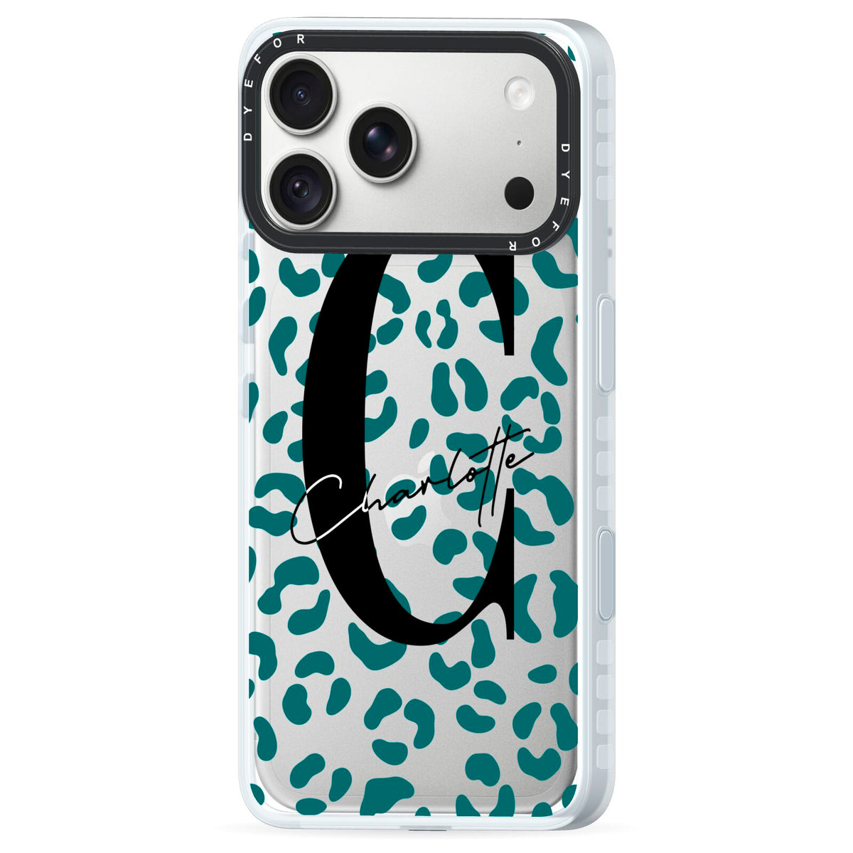 Personalised Leopard Print Clear Green iPhone 18 Pro Black Impact Pre order Case Side Angle on Silver phone