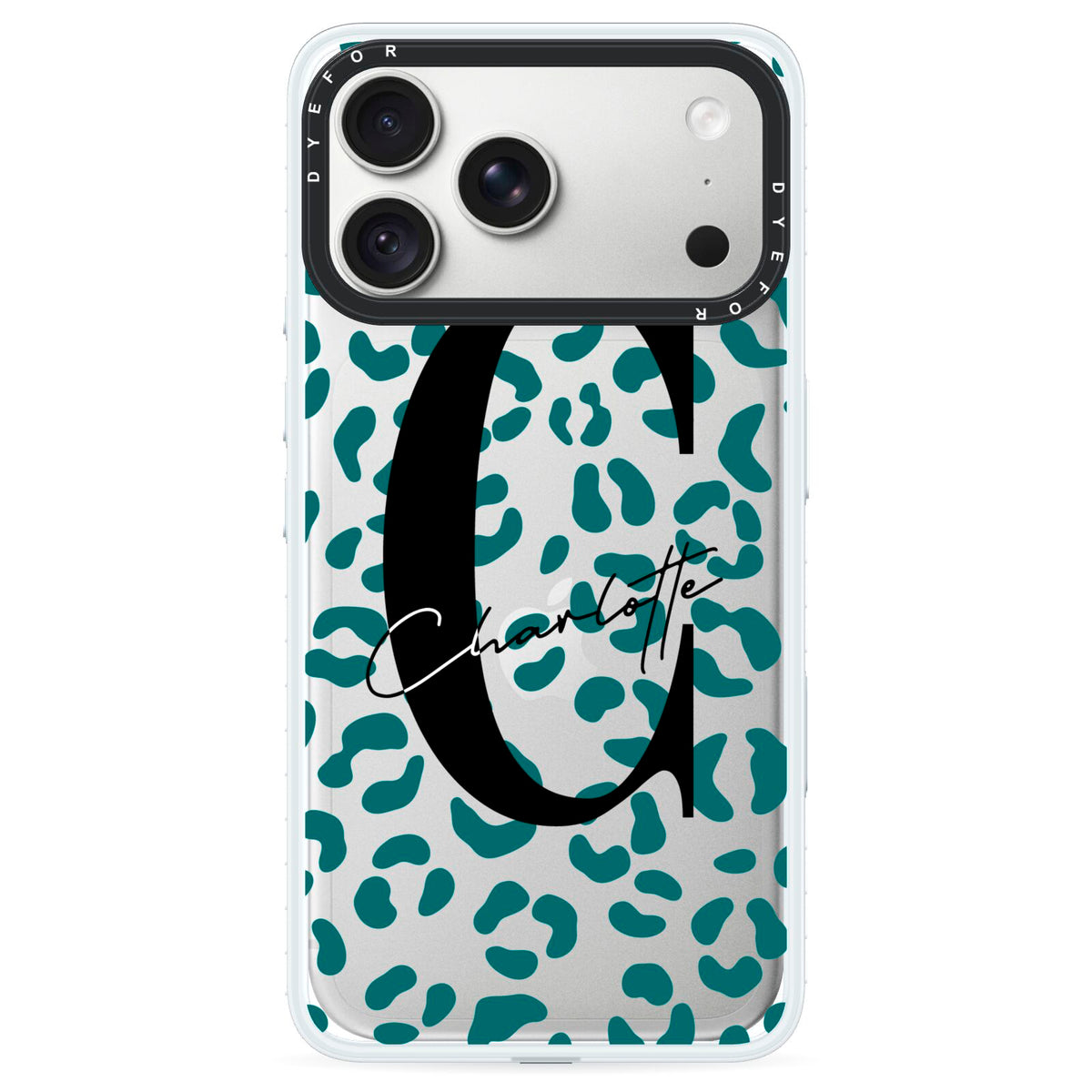 Personalised Leopard Print Clear Green iPhone 18 Pro Black Impact Pre order Case on Silver phone