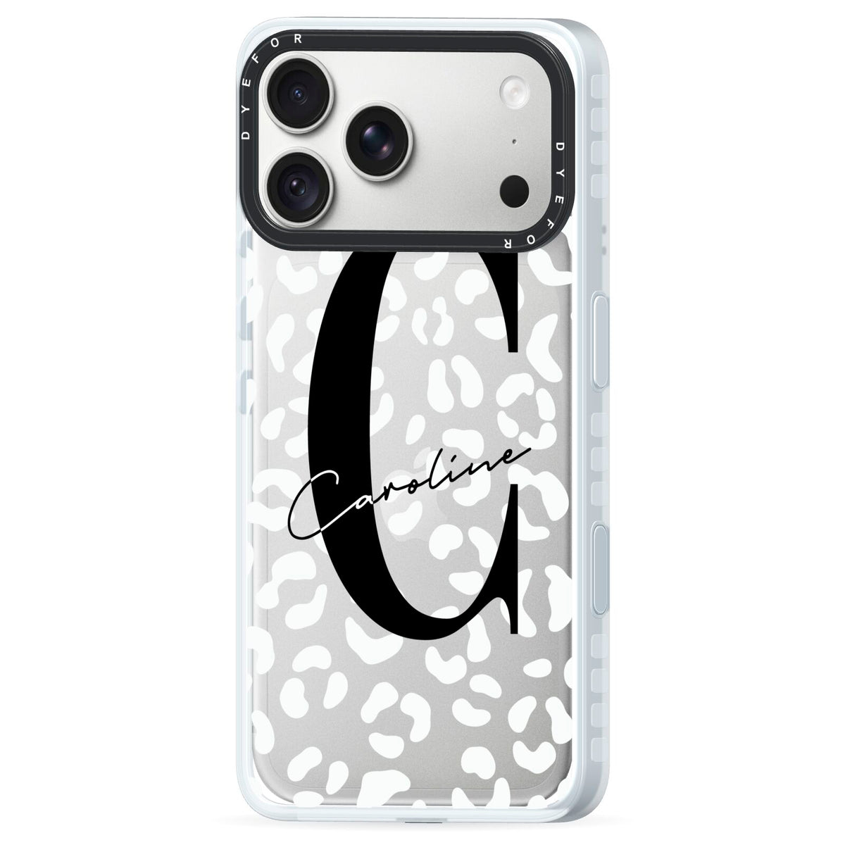 Personalised Leopard Print Clear iPhone 18 Pro Black Impact Pre order Case Side Angle on Silver phone