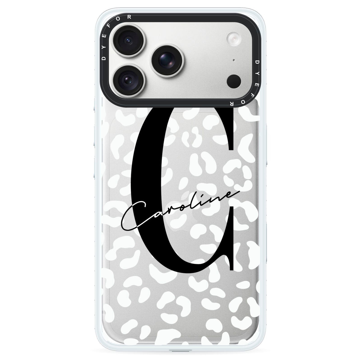 Personalised Leopard Print Clear iPhone 18 Pro Black Impact Pre order Case on Silver phone
