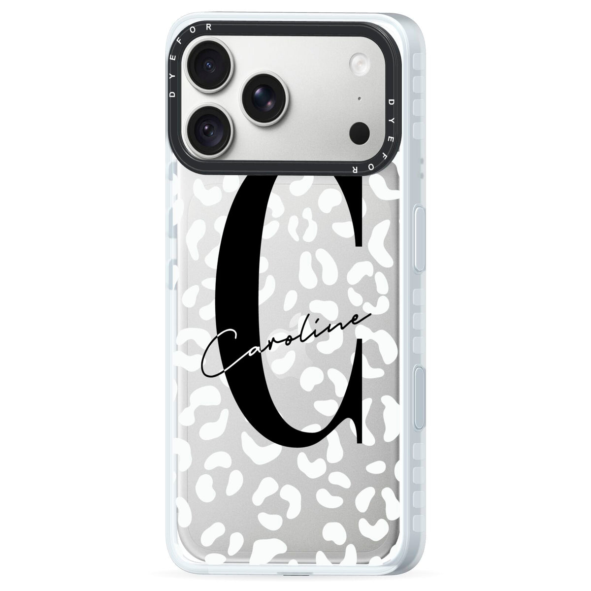 Personalised Leopard Print Clear iPhone 18 Pro Max Black Impact Pre order Case Side Angle on Silver phone