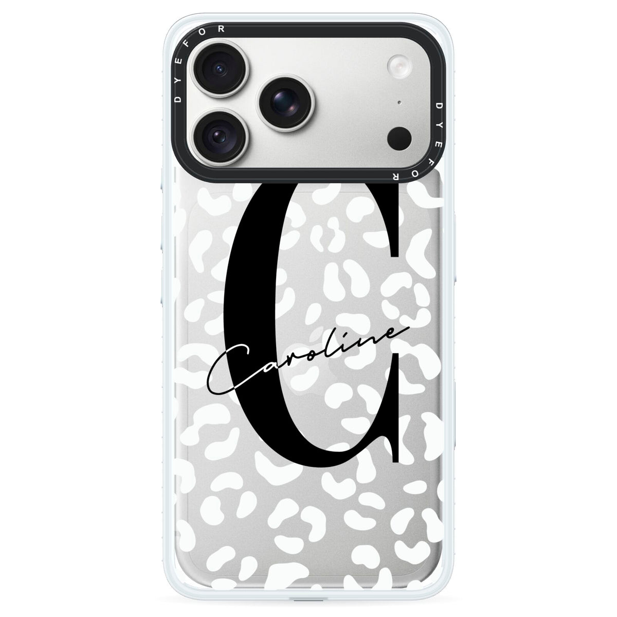 Personalised Leopard Print Clear iPhone 18 Pro Max Black Impact Pre order Case on Silver phone