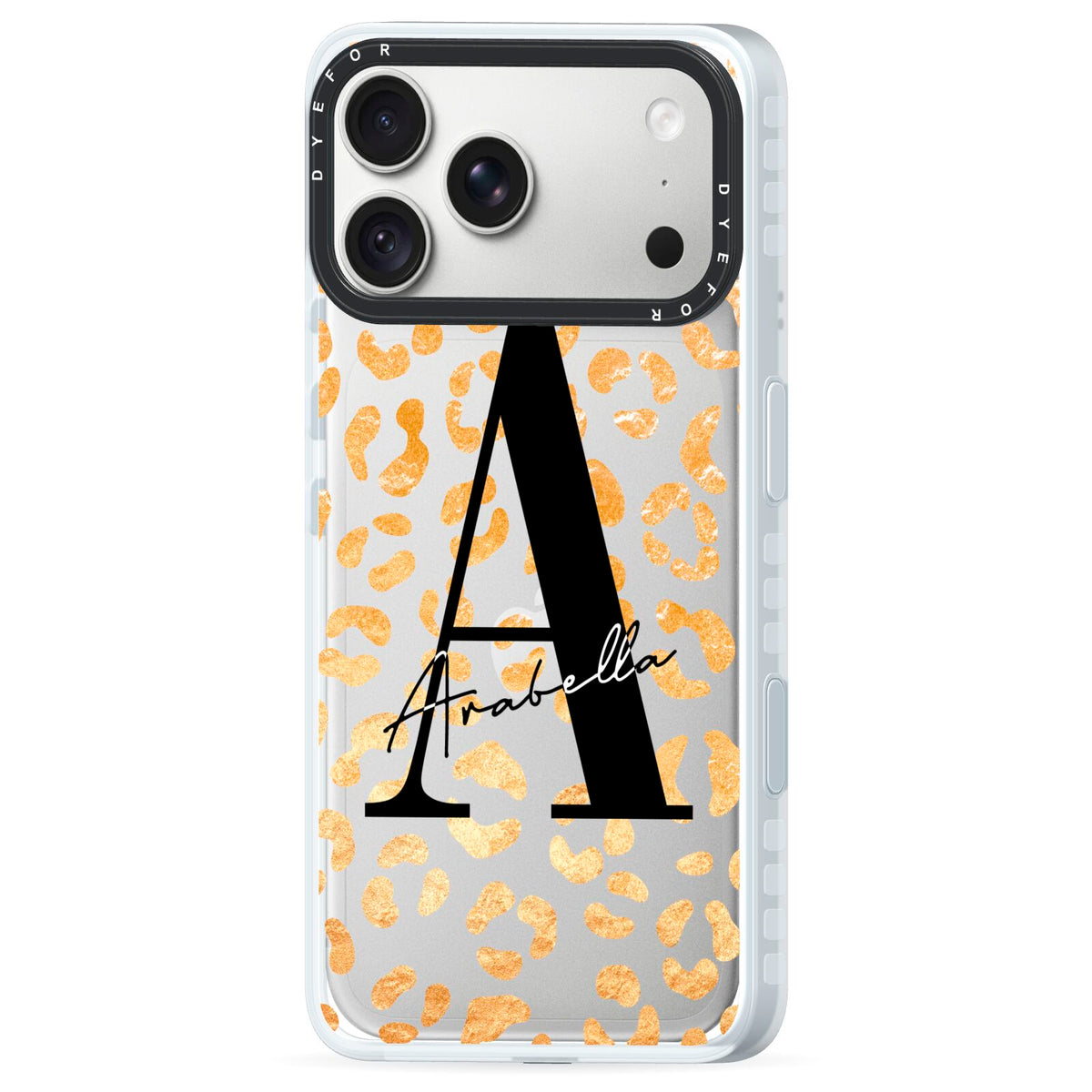 Personalised Leopard Print Gold iPhone 18 Pro Black Impact Pre order Case Side Angle on Silver phone