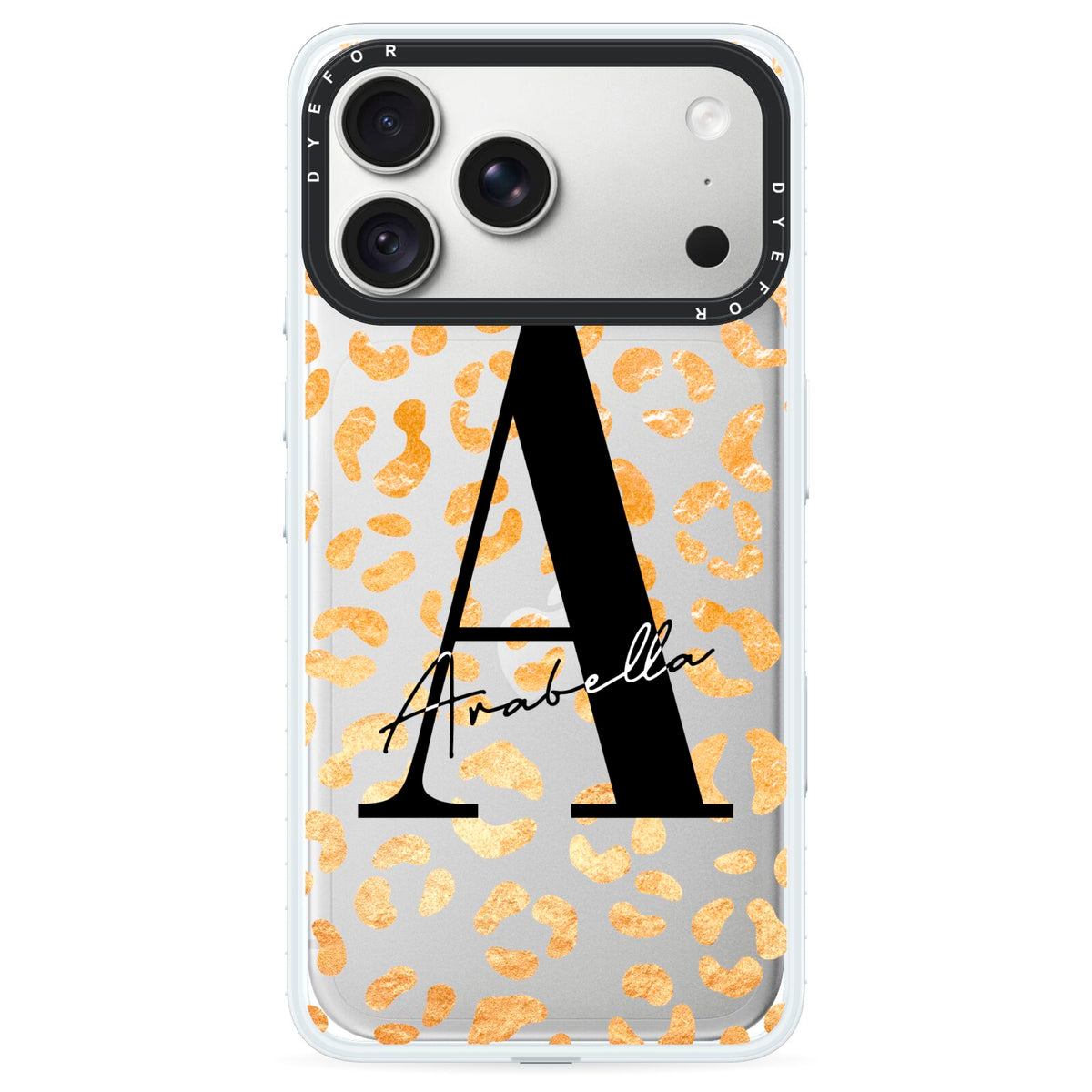 Personalised Leopard Print Gold iPhone 18 Pro Black Impact Pre order Case on Silver phone