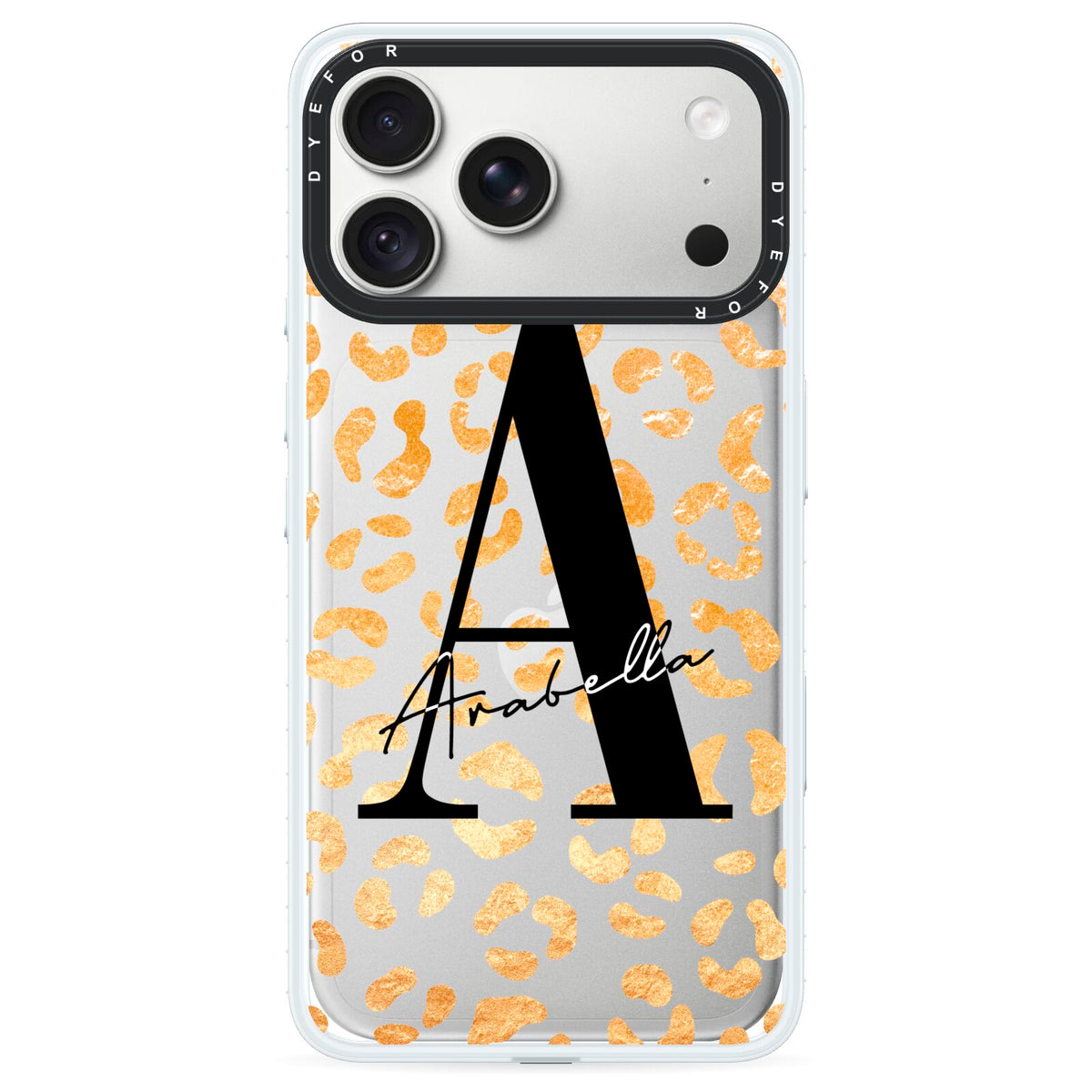 Personalised Leopard Print Gold iPhone 18 Pro Max Black Impact Pre order Case on Silver phone